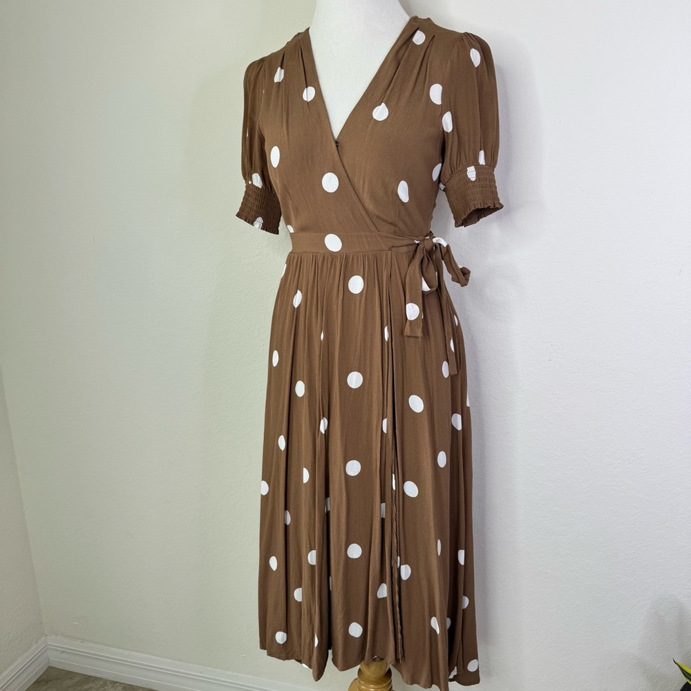 Anthropologie Brown and White Polka Dot Maxi Dress